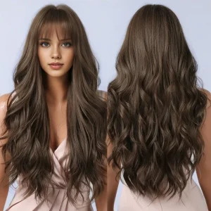 Perucas Peruca Ondulada Castanha com Franja Longa em Fibra Sintética Natural com Lace Frontal Resistente ao Calor | Loja dos Cabelos