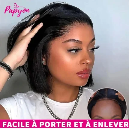 Perucas Peruca Bob Curto Reto em Cabelo Humano com Renda 4×4 Sem Cola Pronta para Usar com Elástico Ajustável | Loja dos Cabelos