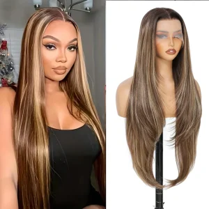 Perucas Peruca Lace Frontal 13×4 Sintética Longa 76 cm Reta com Mechas de Cor, Tela Transparente para Cosplay | Loja dos Cabelos
