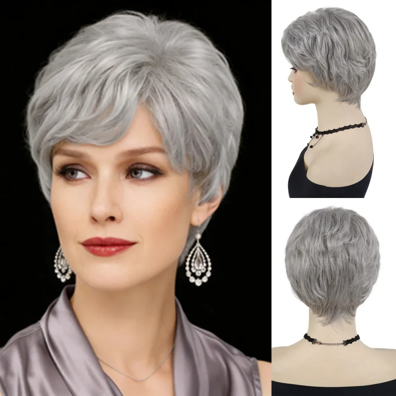 Perucas Peruca Feminina Sintética Curta Ondulada Corte Pixie, Cor Cinza Prateado | Loja dos Cabelos