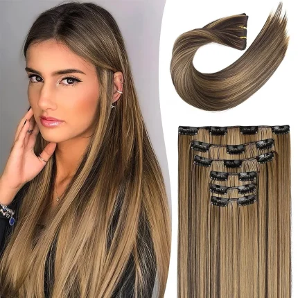 Extensões de cabelo Sintético Extensão de Cabelo Sintético Liso 24 Polegadas Kit com 6 Peças Fibra Resistente ao Calor Feminina Preta Castanha ou Loira | Loja dos Cabelos