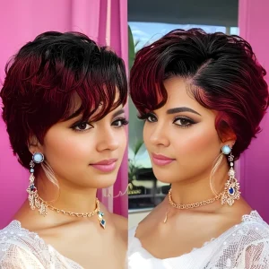 Perucas Peruca Lace Frontal 13×4 de Cabelo Humano com Lace Transparente, Corte Pixie Curto Ondulado em Camadas com Franja para Mulher | Loja dos Cabelos
