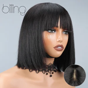 Perucas Peruca Bob Curta em Camadas com Franja Natural em Cabelo Humano 25 cm 200% de Densidade Sem Cola Lace Transparente Preta | Loja dos Cabelos