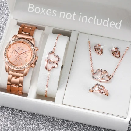 Cosméticos e outros produtos de beleza Conjunto Feminino 6 Peças com Relógio de Quartzo, Pulseira de Aço Inoxidável e Joias com Strass | Loja dos Cabelos