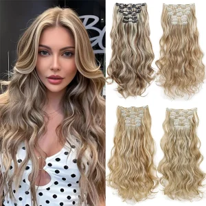 Extensões de cabelo Sintético Extensão de Cabelo Sintético Longo Cacheado 24 Polegadas com 16 Presilhas Resistente ao Calor Ombre Preto Marrom ou Loiro Feminina | Loja dos Cabelos