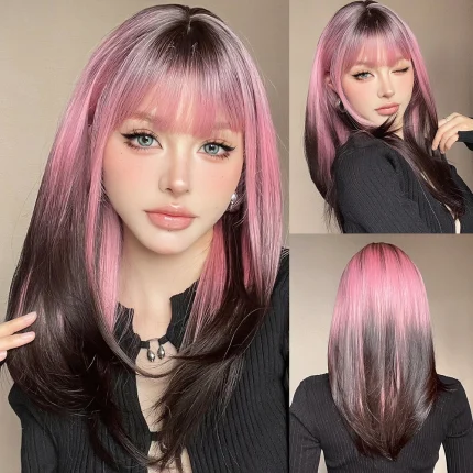 Perucas Peruca Sintética Longa Lisa em Camadas com Franja, Efeito Ombré Preto para Rosa Roxo, Resistente ao Calor para Cosplay e Estilo Lolita | Loja dos Cabelos