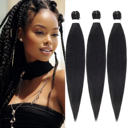 Extensões de cabelo Sintético Cabelo Sintético Pré-Esticado para Tranças Profissionais Preto Natural, Extensão para Trança e Crochê (3 Peças) | Loja dos Cabelos