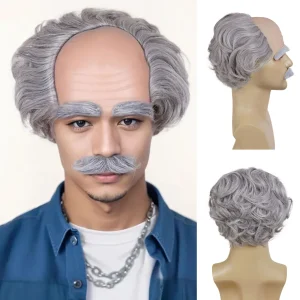 Perucas Conjunto de Peruca Sintética Masculina Cinza para Idoso com Bigode, Sobrancelhas e Careca Lateral – Fantasia de Vovô para Halloween | Loja dos Cabelos