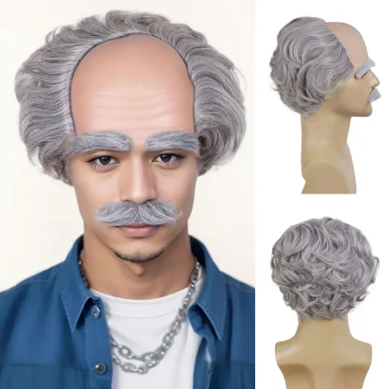 Perucas Conjunto de Peruca Sintética Masculina Cinza para Idoso com Bigode, Sobrancelhas e Careca Lateral – Fantasia de Vovô para Halloween | Loja dos Cabelos