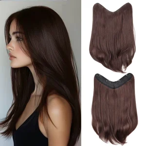 Extensões de cabelo Sintético Extensão de Cabelo Sintético Longa em V 16 Polegadas com 4 Presilhas Preto ou Castanho para Volume Feminino | Loja dos Cabelos