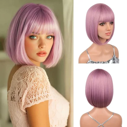 Perucas Peruca Bob Curta Colorida Rosa e Roxa 30 cm com Franja, Sintética Resistente ao Calor para Mulheres e Meninas | Loja dos Cabelos
