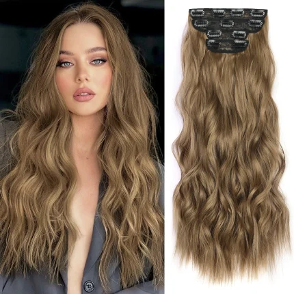 Extensões de cabelo Sintético Extensões de Cabelo Sintético Ondulado Longo com Grampo Preto 20 Polegadas 4 Peças | Loja dos Cabelos