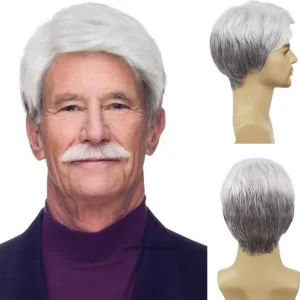 Perucas Peruca Masculina Sintética Curta para Idosos, Cor Branco Mesclado com Cinza, com Barba e Bigode | Loja dos Cabelos