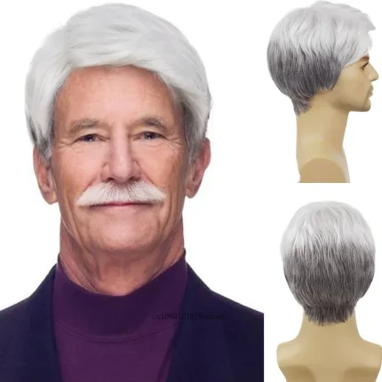 Perucas Peruca Masculina Sintética Curta para Idosos, Cor Branco Mesclado com Cinza, com Barba e Bigode | Loja dos Cabelos
