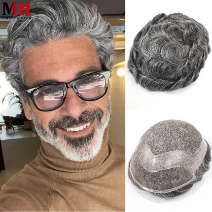 Perucas Prótese Capilar Masculina Cinza em Cabelo Humano com Base de Renda Suíça Respirável e Durável | Loja dos Cabelos