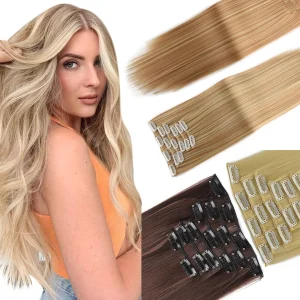 Extensões de cabelo Sintético Extensões de Cabelo com Grampos 24 Polegadas Kit com 6 Peças e 16 Presilhas Cabelo Sintético Feminino Mechas para Alongamento | Loja dos Cabelos