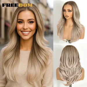 Perucas Peruca Sintética Frontal de Renda 6×4 Feminina 20 Polegadas, Ondulada em Camadas, Pré-Pluckada, Sem Cola, Ombré Loiro | Loja dos Cabelos