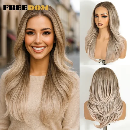 Perucas Peruca Sintética Frontal de Renda 6×4 Feminina 20 Polegadas, Ondulada em Camadas, Pré-Pluckada, Sem Cola, Ombré Loiro | Loja dos Cabelos