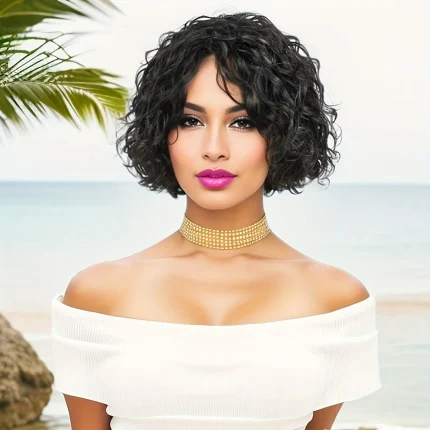 Perucas Peruca Feminina de Cabelo Humano Encaracolado Corte Pixie, Cor Natural, Confecção em Máquina Completa | Loja dos Cabelos