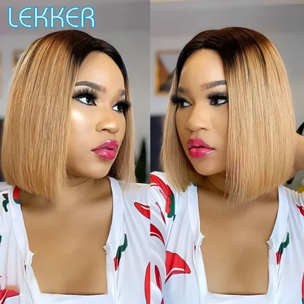 Perucas Peruca Bob Curta Reta Ombré Loira 13×1 Frontal em Cabelo Humano Brasileiro Remy Sem Cola para Mulheres | Loja dos Cabelos