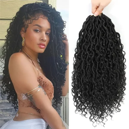 Extensões de cabelo Sintético Faux Locs Sintéticos Crochê 14”, Estilo Deusa Boho com Pontas Cacheadas, Pré-Laçados, 8 Pacotes, Cor Preta | Loja dos Cabelos
