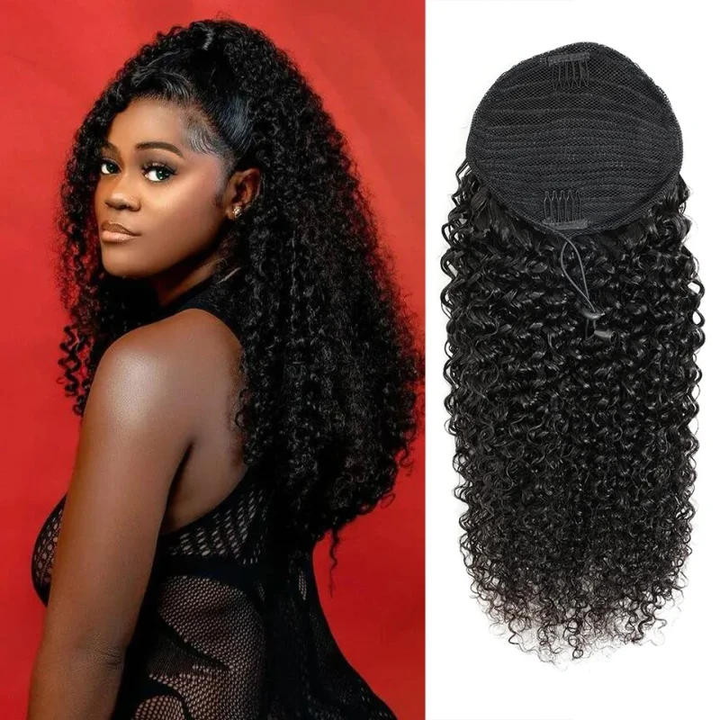 Rabo de Cavalo Rabo de Cavalo de Cabelo Humano Kinky Encaracolado com Clip Onda Profunda Cor Natural Boné Ajustável | Loja dos Cabelos
