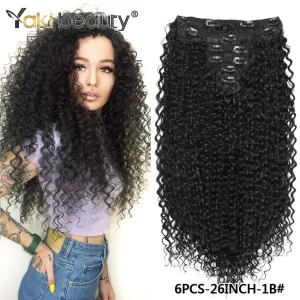Extensões de cabelo Sintético Extensão de Cabelo Sintético Encaracolado Clip-in Jerry Curl 26 Polegadas Trama Dupla Fio Japonês Preto e Marrom 160g | Loja dos Cabelos