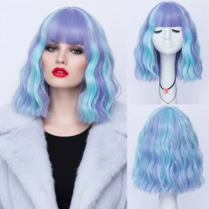 Perucas Peruca Sintética Curta Azul Estilo Bob com Ondas Profundas e Franja Leve, Resistente ao Calor para Uso Diário e Cosplay | Loja dos Cabelos