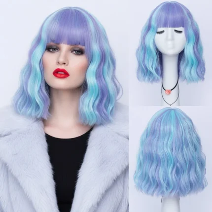 Perucas Peruca Sintética Curta Azul Estilo Bob com Ondas Profundas e Franja Leve, Resistente ao Calor para Uso Diário e Cosplay | Loja dos Cabelos