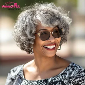 Perucas Peruca Bob Curta Ondulada Prata Cinza de Cabelo Humano Brasileiro Remy, Onda de Água com Franja, Feita à Máquina para Mulheres Negras | Loja dos Cabelos