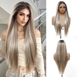 Perucas Peruca Ombre Marrom Lisa com Renda HD 13×6 Transparente, Linha Frontal Natural e Parte Livre – Cabelo Sintético Feminino | Loja dos Cabelos