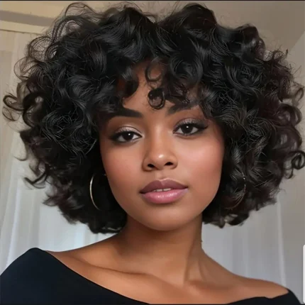 Perucas Peruca Curta Afro Encaracolada com Franja em Cabelo Humano para Mulheres Negras | Loja dos Cabelos