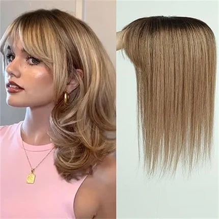 Perucas Topper Capilar Feminino Castanho Claro 100% Cabelo Humano Remy com Franja e Base de Seda – Aplique com Presilhas para Cabelo Ralo | Loja dos Cabelos