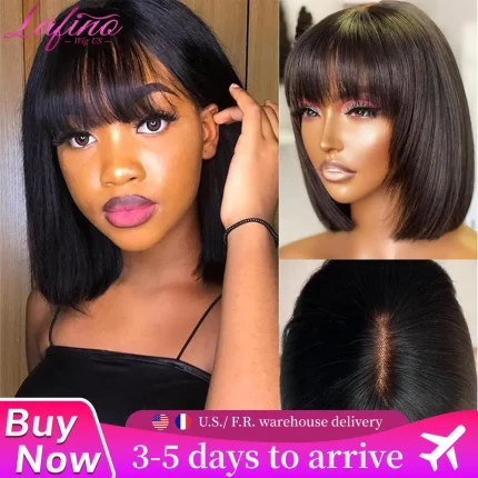 Perucas Peruca Bob Curta Lisa 100% Cabelo Humano com Franja e Partição em Tela 3×1 – Cor Preto Natural | Loja dos Cabelos