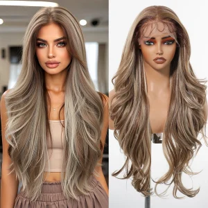 Perucas Peruca Sintética Lace Front 13×6 Longa Ondulada com Mechas Loiro e Marrom – Efeito Natural para Uso Diário e Festas | Loja dos Cabelos