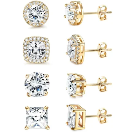 Kit com 4 Pares de Brincos Unissex Banhados a Ouro 18K em Prata Esterlina com Zircônia Brilhante – Hipoalergênicos