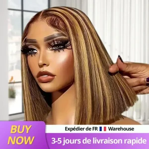 Perucas Peruca Bob Curta Lisa Cabelo Humano Ombré Marrom 4/27, Frontal Lace 13×4 Sem Cola, 300% Densidade | Loja dos Cabelos