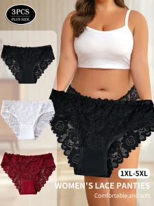 Cosméticos e outros produtos de beleza Kit com 3 Calcinhas Plus Size em Renda Floral – Lingerie Feminina Elegante e Confortável em Cor Sólida | Loja dos Cabelos