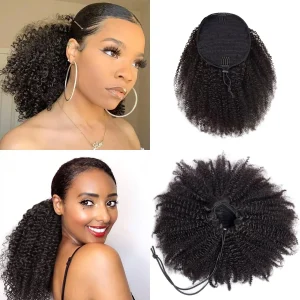 Rabo de Cavalo Extensão de Rabo de Cavalo com Cordão e Clipe em Cabelo Humano Crespo Afro 100% Remy para Mulheres | Loja dos Cabelos