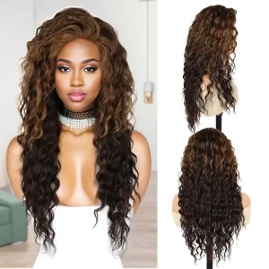 Perucas Peruca Sintética Longa 28″ Encaracolada com Mechas Marrons – Volumosa, Ondulada e Natural para Mulheres Negras | Loja dos Cabelos