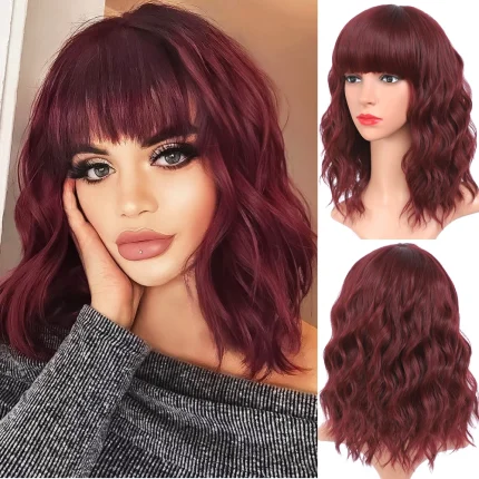 Perucas Peruca Bob Curta Ondulada Vermelho Vinho com Franja, Fibra Sintética Resistente ao Calor para Uso Diário e Cosplay | Loja dos Cabelos