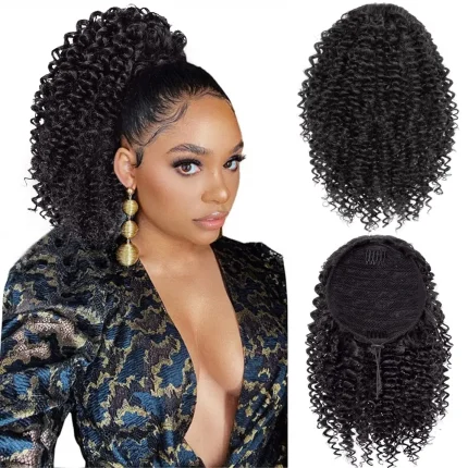 Rabo de Cavalo Extensão de Rabo de Cavalo Afro Curto Encaracolado com Cordão – Cabelo Sintético Kinky para Mulheres Negras | Loja dos Cabelos
