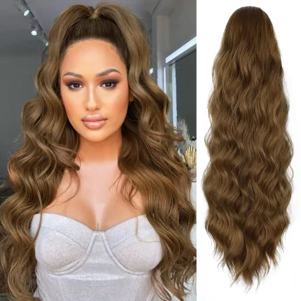 Extensões de cabelo Natural Extensão de Cabelo Humano 100% Rabo de Cavalo Ondulado Castanho Claro com Cordão e 6 Grampos | Loja dos Cabelos