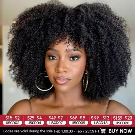 Perucas Peruca Afro Kinky Encaracolada com Franja 100% Cabelo Humano Remy Brasileiro – Densidade 180% e 250% | Loja dos Cabelos
