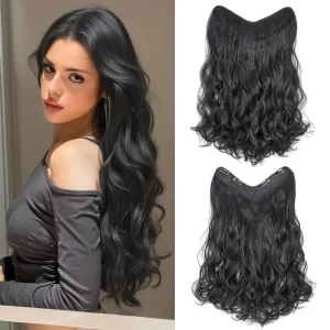 Extensões de cabelo Sintético Extensão de Cabelo Sintético Longo Cacheado 24 Polegadas em V, Aplique Invisível Macio Preto ou Castanho para Mulher | Loja dos Cabelos