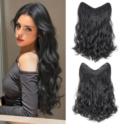 Extensões de cabelo Sintético Extensão de Cabelo Sintético Longo Cacheado 24 Polegadas em V, Aplique Invisível Macio Preto ou Castanho para Mulher | Loja dos Cabelos