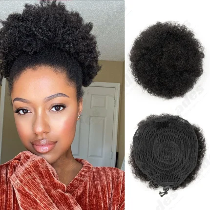 Rabo de Cavalo Aplique Afro Kinky Puff 10 cm 100% Cabelo Humano com Cordão e Clipe – Rabo de Cavalo para Coque Alto e Penteados Presos | Loja dos Cabelos