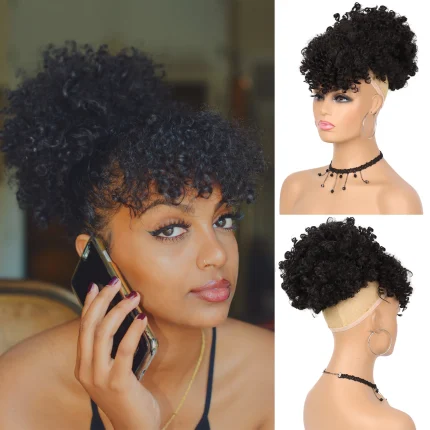 Rabo de Cavalo Extensão de Rabo de Cavalo Afro Alto Puff com Cordão e Franja – Cabelo Sintético Curto Encaracolado para Uso Diário | Loja dos Cabelos