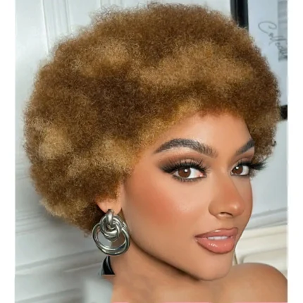 Perucas Peruca Afro Kinky Encaracolada Ombre Marrom com Loiro 100% Cabelo Humano – Modelo Máquina Feita para Mulheres | Loja dos Cabelos