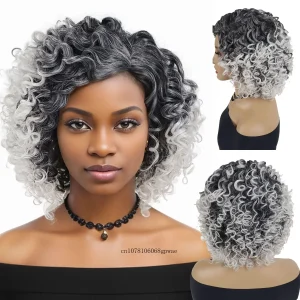Perucas Peruca Afro Curta Cacheada Cinza com Branco Ombré para Senhoras – Cabelo Sintético com Franja, Ideal para Festa, Uso Diário e Cosplay | Loja dos Cabelos